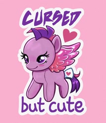 Size: 1284x1500 | Tagged: safe, artist:confetticakez, oc, oc only, species:pegasus, species:pony, cute, female, floating heart, heart, mohawk, ocbetes, pink background, plushie, simple background, solo, spread wings, text, toy, wings