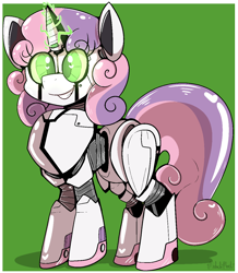 Size: 1086x1248 | Tagged: safe, artist:malachimoet, character:sweetie belle, species:pony, species:unicorn, friendship is witchcraft, sweetie bot, g4, alternate universe, female, filly, foal, glowing, glowing eyes, glowing horn, green background, grin, horn, looking at you, magic, magic aura, robot, robot pony, simple background, smiling, smiling at you, solo, young