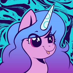 Size: 4096x4096 | Tagged: safe, artist:poxy_boxy, character:izzy moonbow, species:pony, species:unicorn, g5, :p, abstract background, absurd resolution, blep, bust, commission, cute, eyebrows, eyebrows visible through hair, female, gradient mane, izzybetes, mare, multicolored hair, portrait, smiling, solo, tongue out, ych result