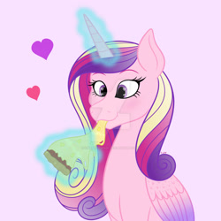 Size: 1920x1920 | Tagged: safe, artist:cherrycandi, character:princess cadance, species:alicorn, species:pony, g4, colored wings, cute, eating, female, floating heart, food, gradient wings, heart, levitation, magic, multicolored wings, pineapple pizza, pizza, simple background, solo, wings
