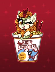 Size: 2550x3300 | Tagged: safe, artist:confetticakez, character:autumn blaze, species:kirin, g4, awwtumn blaze, blush sticker, blushing, chopsticks, cup noodles, cup of pony, cute, eyebrows, eyelashes, female, fire, horn, looking at you, nirik, one eye closed, open mouth, ramen, red background, simple background, smiling, solo, wink, winking at you