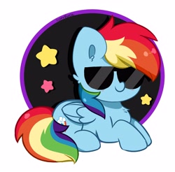 Size: 3936x3872 | Tagged: safe, artist:kittyrosie, character:rainbow dash, species:pegasus, species:pony, g4, blushing, chest fluff, cool, cutie mark, female, folded wings, mare, multicolored hair, simple background, sitting, smiling, solo, sunglasses, tail, wings