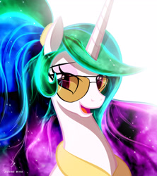 Size: 3000x3374 | Tagged: safe, alternate version, artist:zidanemina, character:princess celestia, species:alicorn, species:pony, g4, ethereal mane, eyebrows, eyelashes, female, horn, jewelry, looking sideways, mare, milestone, necklace, open mouth, peytral, ponytail, questionable source, simple background, smiling, solo, sunglasses, white background