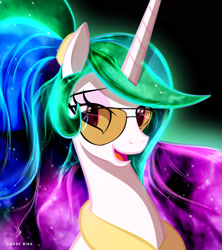 Size: 3000x3374 | Tagged: safe, alternate version, artist:zidanemina, character:princess celestia, species:alicorn, species:pony, g4, black background, ethereal mane, eyebrows, eyelashes, female, horn, jewelry, looking sideways, mare, milestone, necklace, open mouth, peytral, ponytail, questionable source, simple background, smiling, solo, sunglasses