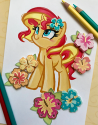 Size: 2553x3247 | Tagged: safe, artist:emberslament, artist:maren, character:sunset shimmer, species:pony, species:unicorn, g4, my little pony:equestria girls, collaboration, colored pencil drawing, colored pencils, cute, eyebrows, female, flower, flower in hair, heart eyes, hibiscus, looking up, mare, photo, shimmerbetes, three quarter view, traditional art, wingding eyes