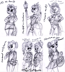 Size: 1086x1200 | Tagged: safe, alternate version, artist:sepiakeys, character:applejack, character:coloratura, character:nurse redheart, character:queen chrysalis, character:rainbow dash, character:rarity, character:starlight glimmer, species:changeling, species:pony, g4, alternate hairstyle, basket, clothing, crown, dress, explicit source, female, flower, flower in hair, horn, jewelry, looking at you, mare, overalls, pants, regalia, request, shirt, sketch dump, smiling, staff, vest, wings