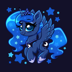 Size: 1600x1600 | Tagged: safe, artist:confetticakez, character:princess luna, species:alicorn, species:pony, g4, blue background, chibi, clothing, crown, cute, female, hoof shoes, jewelry, lunabetes, mare, regalia, shoes, simple background, solo, stars