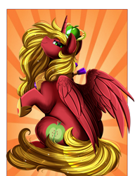 Size: 2850x3709 | Tagged: safe, artist:pridark, character:big mcintosh, species:alicorn, species:pony, g4, abstract background, alicornified, apple, apple family member, clothing, crown, food, high res, hoof shoes, horse collar, jewelry, looking at you, male, missing freckles, princess big mac, profile, race swap, raised hoof, regalia, shoes, sitting, smiling, smiling at you, solo, spread wings, stallion, wings