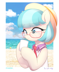 Size: 3177x3900 | Tagged: safe, artist:maren, character:coco pommel, species:earth pony, species:pony, g4, beach, clothing, cloud, cocobetes, coffee, collar, cup, cute, drink, eyebrows, eyebrows visible through hair, eyelashes, female, gift art, glasses, hat, mare, necktie, ocean, outdoors, photo, sand, shirt, smiling, solo, steam, water
