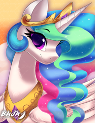 Size: 491x636 | Tagged: safe, artist:bajagryphon, character:princess celestia, species:alicorn, species:pony, g4, crown, eyebrows, eyebrows visible through hair, female, jewelry, looking at you, mare, necklace, peytral, profile, regalia, signature, simple background, smiling, solo, wings, yellow background