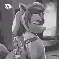 Size: 2460x2460 | Tagged: safe, artist:poxy_boxy, character:sunny starscout, species:earth pony, species:pony, g5, braid, braided ponytail, digital art, digital painting, eyebrows, eyes closed, female, grayscale, mare, monochrome, profile, solo