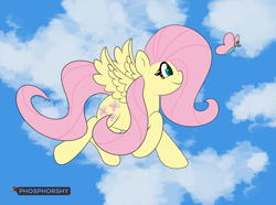 Size: 4167x3099 | Tagged: safe, artist:phosphorshy, character:fluttershy, species:pegasus, species:pony, g4, butterfly, cloud, flying, high res, signature, signed, sky, solo, spread wings, wings