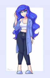 Size: 2232x3460 | Tagged: safe, artist:dandy, part of a set, character:princess luna, species:human, series:luna and chill, g4, bathrobe, belly button, breasts, cleavage, clothing, explicit source, eyebrows, eyebrows visible through hair, eyelashes, eyeshadow, female, humanized, light skin, long hair, looking at you, makeup, open mouth, pants, robe, shoes, simple background, slippers, solo, species swap, sweatpants, tank top