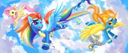 Size: 2048x853 | Tagged: safe, artist:paipaishuaige, character:derpy hooves, character:fluttershy, character:rainbow dash, character:soarin', character:spitfire, character:surprise, species:bird, species:pegasus, species:pony, g4, clothing, cloud, female, flying, goggles, mare, rainbow, rainbow trail, signature, sky, smiling, spread wings, three quarter view, uniform, wings, wonderbolts, wonderbolts uniform