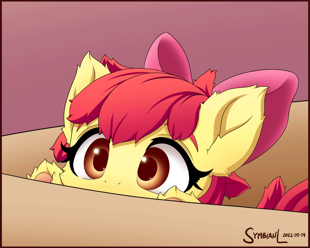 Size: 1000x800 | Tagged: safe, artist:symbianl, character:apple bloom, species:earth pony, species:pony, g4, adorabloom, animated, apple family member, box, cheek fluff, colored eyebrows, colored pupils, cute, ear fluff, eye shimmer, eyebrows, female, filly, fluffy, foal, hoof fluff, hooves, peeking, signature, simple background, solo, symbianl is trying to murder us, underhoof, young