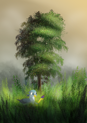 Size: 2894x4093 | Tagged: safe, artist:crispycactus, manebooru original, character:gabby, species:griffon, g4, beautiful background, butterfly, detailed background, grass, manechat challenge, solo, tree