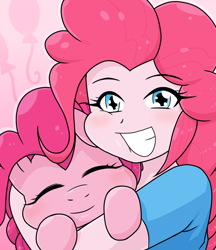 Size: 640x740 | Tagged: safe, artist:batipin, character:pinkie pie, species:earth pony, species:pony, g4, my little pony:equestria girls, cute, cutie mark, cutie mark background, diapinkes, eyebrows, eyebrows visible through hair, eyes closed, female, gritted teeth, holding, holding a pony, human ponidox, looking at you, mare, pink background, ponidox, self paradox, self ponidox, simple background, smiling, squishy cheeks, teeth
