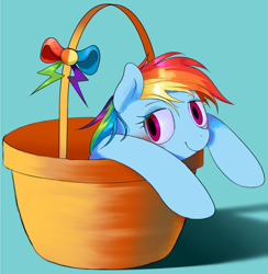 Size: 1563x1604 | Tagged: safe, artist:relighted, derpibooru original, character:rainbow dash, species:pegasus, species:pony, g4, basket, blue background, blushing, bow, cute, dashabetes, female, hidden wings, mare, ribbon, shiny mane, simple background, smiling, solo, three quarter view