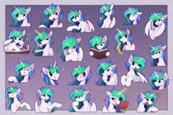 Size: 6000x4000 | Tagged: safe, artist:yakovlev-vad, character:princess celestia, species:alicorn, species:pony, g4, absurd resolution, alternate hairstyle, angry, banana, blushing, book, commission, cup, cute, cutelestia, drink, emotional spectrum, emotions, eye clipping through hair, eyebrows, eyebrows visible through hair, eyes closed, fan, female, food, glowing horn, grin, happy, horn, juice, juice box, magic, mare, multeity, open mouth, reading, smiling, solo, tea, teacup, telekinesis, wide eyes