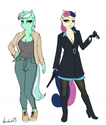 Size: 1480x1748 | Tagged: safe, artist:apocheck13, character:bon bon, character:lyra heartstrings, character:sweetie drops, species:anthro, species:earth pony, species:plantigrade anthro, species:pony, species:unicorn, g4, beautiful, boots, breasts, busty bon bon, camisole, cleavage, clothing, concept art, duo, duo female, ear piercing, earring, eyebrows, eyelashes, female, females only, gun, handgun, high heel boots, high heels, jacket, jewelry, mare, open clothes, open shirt, pants, pantyhose, piercing, pistol, secret agent sweetie drops, shirt, shoes, sneakers, sunglasses, tail, weapon