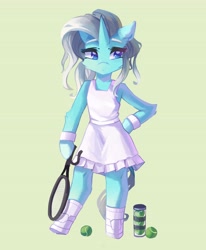 Size: 3378x4096 | Tagged: safe, artist:saxopi, oc, oc only, species:pony, species:unicorn, arm hooves, ball, bracelet, clothing, cute, eyebrows, female, green background, hoof shoes, horn, jewelry, looking sideways, mare, ocbetes, semi-anthro, shoes, simple background, socks, solo, sports dress, tennis ball, tennis racket, toy, wristband