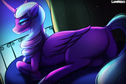 Size: 1125x750 | Tagged: safe, alternate version, artist:lumineko, character:shadowy alicorn, species:alicorn, species:pony, g5, spoiler:my little pony: make your mark, butt, curved horn, dock, explicit source, eyeshadow, folded wings, horn, lying down, makeup, my little pony: make your mark, tail, that was fast, wings