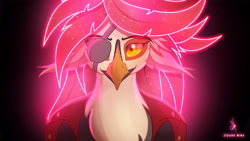 Size: 4800x2709 | Tagged: safe, artist:zidanemina, oc, oc only, oc:aesterophe bismarck, species:anthro, species:bird, species:parrot, eyebrows, eyepatch, female, looking at you, neon, questionable source, simple background, solo
