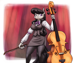 Size: 2126x1800 | Tagged: safe, artist:king-kakapo, character:octavia melody, species:anthro, species:earth pony, species:pony, g4, blushing, breasts, busty octavia, cello, cello bow, clothing, female, from below, mare, musical instrument, pantyhose, ribbon, shirt, skirt, solo, suggestive source, vest