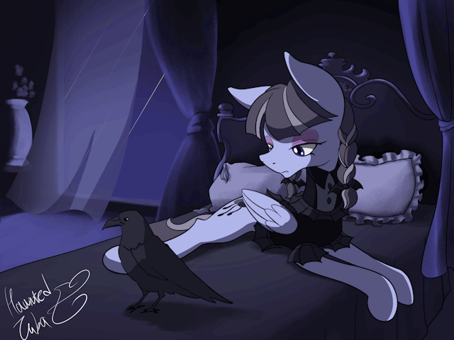 Size: 640x480 | Tagged: safe, artist:hauntedtuba, character:inky rose, species:bird, species:crow, species:pegasus, species:pony, g4, animated, bed, blinking, curtains, female, frown, looking down, lying down, mare, night, prone, rain, signature, solo, three quarter view, window