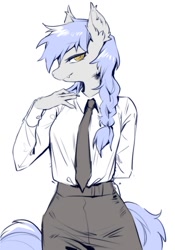 Size: 715x1024 | Tagged: safe, artist:swaybat, oc, oc only, species:anthro, species:bat pony, species:pony, braid, chinese, clothing, explicit source, female, looking at you, mare, necktie, shirt, simple background, skirt, solo, white background