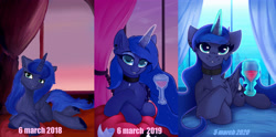 Size: 4280x2126 | Tagged: safe, alternate version, artist:shadowreindeer, character:princess luna, species:alicorn, species:pony, g4, art evolution, cheek fluff, chest fluff, choker, collar, colored hooves, crossed hooves, cute, ear piercing, eyebrows, eyebrows visible through hair, female, front view, full face view, glass, glowing horn, hooves, horn, jewelry, looking at you, lunabetes, lying down, magic, magic aura, mare, necklace, piercing, prone, redraw, smiling, solo, telekinesis, unshorn fetlocks, window, wine glass