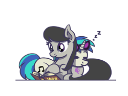 Size: 1800x1350 | Tagged: safe, artist:flutterluv, character:dj pon-3, character:octavia melody, character:vinyl scratch, species:earth pony, species:pony, species:unicorn, g4, book, cute, duo, eyes closed, female, lying down, mare, onomatopoeia, prone, simple background, sleeping, sound effects, three quarter view, transparent background, zzz