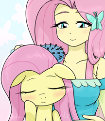 Size: 640x740 | Tagged: safe, artist:batipin, character:fluttershy, species:eqg human, species:pegasus, species:pony, g4, my little pony:equestria girls, blushing, breasts, brush, brushing mane, busty fluttershy, clothing, cute, dress, duality, eyebrows, eyes closed, eyeshadow, female, floppy ears, hairbrush, hairpin, human ponidox, lidded eyes, makeup, mare, ponidox, self paradox, self ponidox, shyabetes, weapons-grade cute