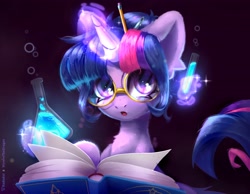 Size: 4096x3186 | Tagged: safe, artist:reterica, artist:wyvernthedragon, character:twilight sparkle, character:twilight sparkle (alicorn), species:alicorn, species:pony, g4, book, collaboration, cute, female, flask, freckles, glasses, glowing, glowing horn, hair bun, horn, levitation, magic, magic aura, mare, pen, pencil, potion, science, solo, telekinesis, twiabetes