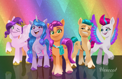 Size: 4054x2622 | Tagged: safe, artist:hexecat, character:hitch trailblazer, character:izzy moonbow, character:pipp petals, character:sunny starscout, character:zipp storm, species:earth pony, species:pegasus, species:pony, species:unicorn, g5, my little pony: a new generation, abstract background, bag, blaze (coat marking), bracelet, circlet, coat markings, colored eyebrows, colored wings, eyebrows, female, gradient hair, jewelry, male, mane g5, mare, multicolored hair, multicolored wings, pipp wings, raised hoof, saddle bag, satchel, socks (coat marking), spread wings, stallion, sunny's buttons, wings