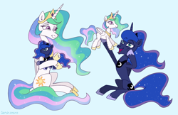 Size: 2048x1330 | Tagged: safe, artist:cerchionero, character:princess celestia, character:princess luna, species:alicorn, species:pony, g4, blue background, clothing, crown, cute, eyebrows, eyebrows visible through hair, female, hoof shoes, jewelry, lunabetes, mare, necklace, open mouth, open smile, peytral, plushie, profile, regalia, shoes, simple background, sitting, smiling, three quarter view, toy