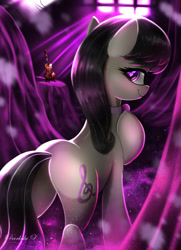 Size: 1625x2250 | Tagged: safe, artist:darksly, character:octavia melody, species:earth pony, species:pony, g4, butt, cello, colored pupils, cutie mark, female, heart eyes, looking at you, looking back, looking back at you, mare, musical instrument, plot, profile, raised hoof, smiling, solo, spotlight, wingding eyes