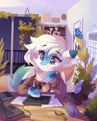 Size: 3275x4096 | Tagged: safe, artist:saxopi, oc, oc only, species:pegasus, species:pony, butterfly, clothing, commission, computer, drawing tablet, eyebrows, eyebrows visible through hair, feather, ink, laptop computer, night, quill, semi-anthro, shirt, sky, solo, stars, vest