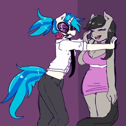 Size: 2300x2297 | Tagged: safe, artist:currentlytr_ash, character:dj pon-3, character:octavia melody, character:vinyl scratch, species:anthro, species:earth pony, species:pony, species:unicorn, ship:scratchtavia, g4, blushing, breasts, busty octavia, clothing, dress, duo, duo female, explicit source, eyes closed, female, females only, flower, holding, holiday, horn, lesbian, mare, mouth hold, open mouth, pants, pink dress, ponytail, rose, shipping, shirt, tail, valentine's day, vinyl's glasses