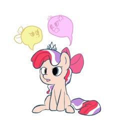 Size: 2250x2250 | Tagged: safe, artist:felldeal, character:apple bloom, character:diamond tiara, species:earth pony, species:pony, g4, apple family member, bow, female, filly, foal, fusion, hair bow, heterochromia, simple background, sitting, solo, white background, young