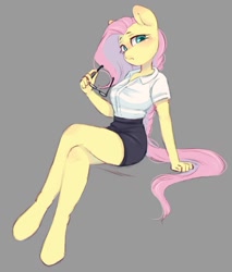 Size: 914x1073 | Tagged: safe, artist:melodylibris, character:fluttershy, species:anthro, species:pegasus, species:unguligrade anthro, g4, blushing, breasts, busty fluttershy, clothing, crossed legs, female, glasses, glasses off, gray background, looking at you, mare, shirt, short shirt, simple background, sitting, solo, wingless, wingless anthro