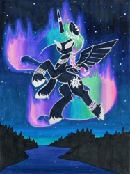 Size: 2682x3590 | Tagged: safe, artist:dandy, character:princess celestia, species:alicorn, species:pony, g4, aurora borealis, braid, ear piercing, earring, ethereal mane, female, forest, glowing eyes, goddess, horn, horn jewelry, horn ring, jewelry, mare, marker drawing, night, piercing, ring, river, sky, solo, spread wings, stars, traditional art, unshorn fetlocks, wings