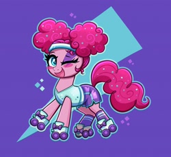 Size: 4000x3658 | Tagged: safe, artist:confetticakez, character:pinkie pie, species:earth pony, species:pony, g4, blush sticker, blushing, clothing, eyebrows, eyelashes, female, headband, looking at you, mare, one eye closed, purple background, roller derby, roller skates, shirt, shorts, simple background, solo, tail