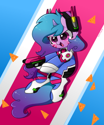 Size: 4024x4830 | Tagged: safe, artist:kittyrosie, character:izzy moonbow, species:pony, species:unicorn, g5, abstract background, blue mane, clothing, cosplay, costume, crossover, d.va, doritos, facial markings, gradient hair, gun, multicolored hair, open mouth, overwatch, pistol, purple coat, purple eyes, solo, video game, weapon