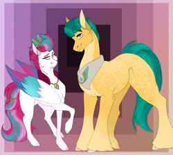 Size: 4096x3664 | Tagged: safe, artist:arttartistry, character:hitch trailblazer, character:zipp storm, species:earth pony, species:pegasus, species:pony, ship:hitchzipp, g5, blaze (coat marking), colored eyebrows, colored wings, crown, dappled, duo, duo male and female, explicit source, female, folded wings, hooves, jewelry, looking sideways at you, male, mare, multicolored hair, multicolored wings, necklace, one hoof raised, peytral, queen zipp, regalia, shipping, size difference, stallion, straight, unshorn fetlocks, wings
