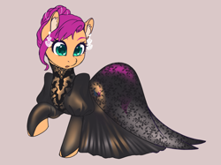 Size: 2495x1870 | Tagged: safe, artist:taytinabelle, character:sunny starscout, species:earth pony, species:pony, g5, my little pony: a new generation, black dress, clothing, collar, colored eyebrows, colored pupils, dress, ear fluff, ear piercing, earring, eyebrows, female, gala dress, jewelry, mare, piercing, ponified, raised hoof, see-through, simple background, solo, species swap, stockings, thigh highs, vanessa hudgens, voice actor joke