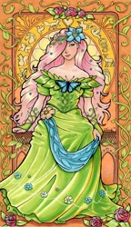 Size: 2064x3591 | Tagged: safe, artist:dandy, character:fluttershy, species:human, g4, art nouveau, clothing, complex background, dress, female, flower, flower in hair, gala dress, human coloration, humanized, marker drawing, solo, species swap, traditional art