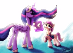 Size: 4096x2978 | Tagged: safe, artist:ringteam, character:sunny starscout, character:twilight sparkle, character:twilight sparkle (alicorn), species:alicorn, species:earth pony, species:pony, episode:the last problem, g4, g5, my little pony: friendship is magic, book, book of harmony, butt, clothing, coat markings, colored hooves, crown, female, g4 to g5, generation leap, glowing horn, hoof shoes, hooves, horn, jewelry, looking at each other, magic, magic aura, mare, necklace, older, older twilight, peytral, plot, princess twilight 2.0, profile, raised hoof, regalia, shoes, signature, smiling, smiling at each other, socks (coat marking), sunny and her heroine, telekinesis, three quarter view, unshorn fetlocks