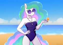 Size: 3508x2480 | Tagged: safe, artist:jellysiek, character:princess celestia, species:alicorn, species:anthro, g4, alternate hairstyle, beach, belly button, clothing, cloud, cocktail, cocktail glass, colored eyebrows, ethereal mane, eyebrows, female, hand, hand on hip, hips, looking at you, mare, ocean, one-piece swimsuit, outdoors, smiling, solo, summer, sunglasses, swimsuit, tail