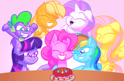 Size: 5580x3660 | Tagged: safe, artist:iceflower99, derpibooru original, character:applejack, character:fluttershy, character:pinkie pie, character:rainbow dash, character:rarity, character:spike, character:twilight sparkle, species:dragon, species:pony, g4, birthday, birthday cake, cake, colored eyebrows, doodle, eye clipping through hair, eyebrows, eyes closed, female, food, male, mane seven, mane six, mare, open mouth, sketch, smiling, video at source, video in description, winged spike, wings
